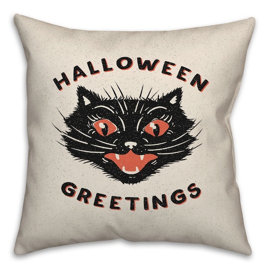 Retro Black Cat Halloween Greetings Throw Pillow